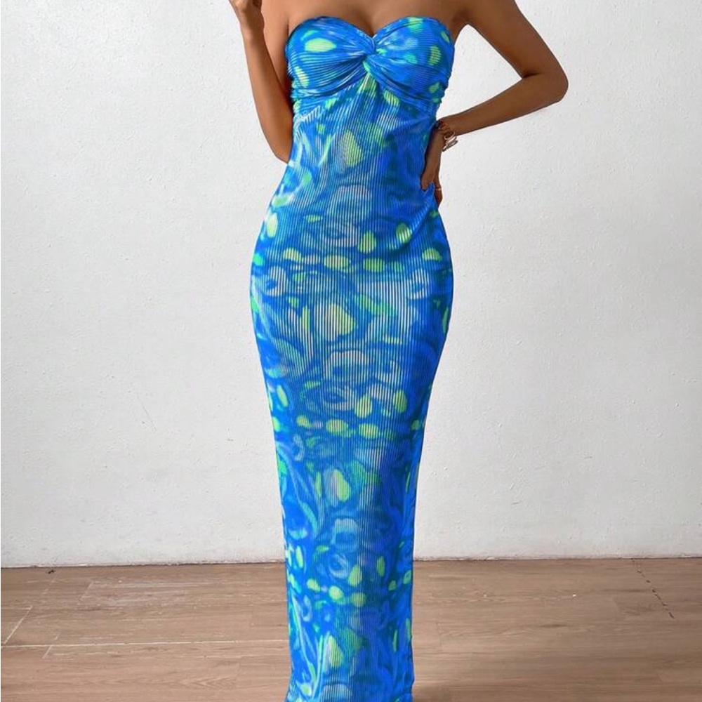 SHEIN Strapless Blue and Green Dress